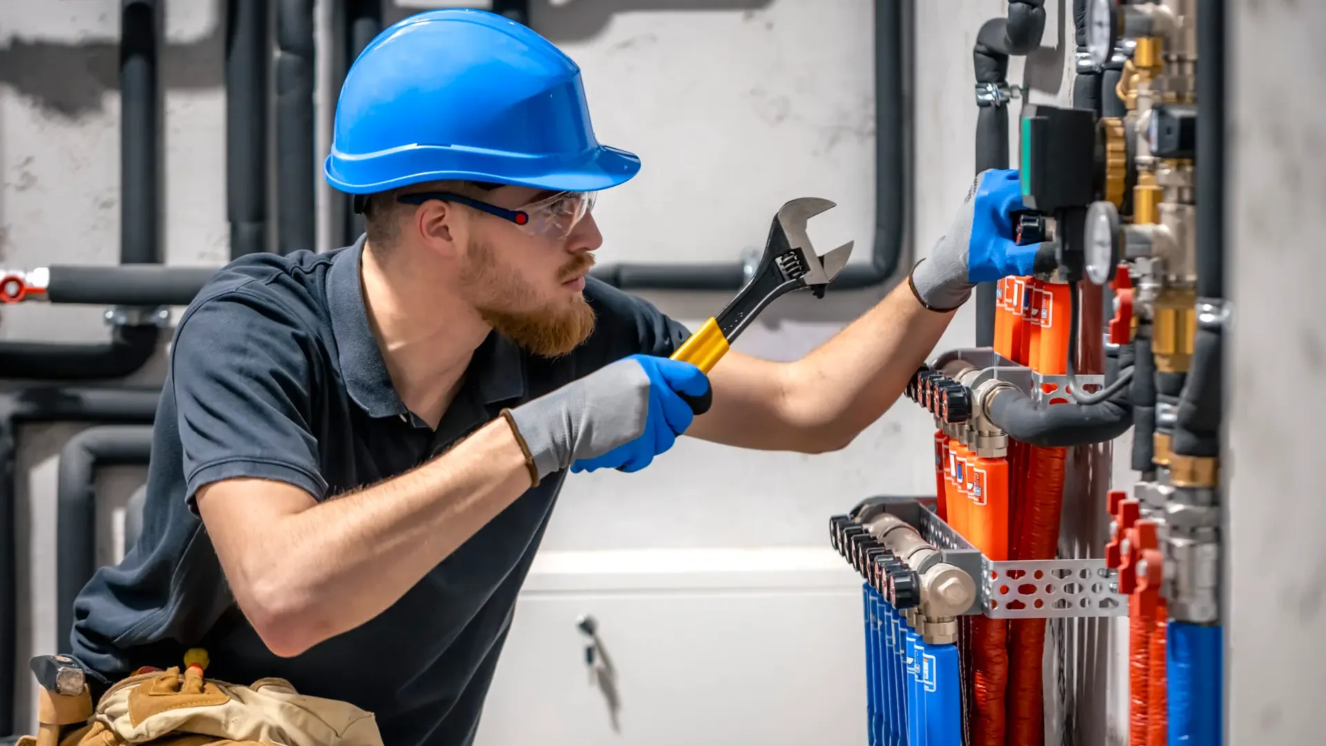 The technician checking the heating system in the boiler room. Adjusting heating valves in a residential building. A plumbing and heating technician works.